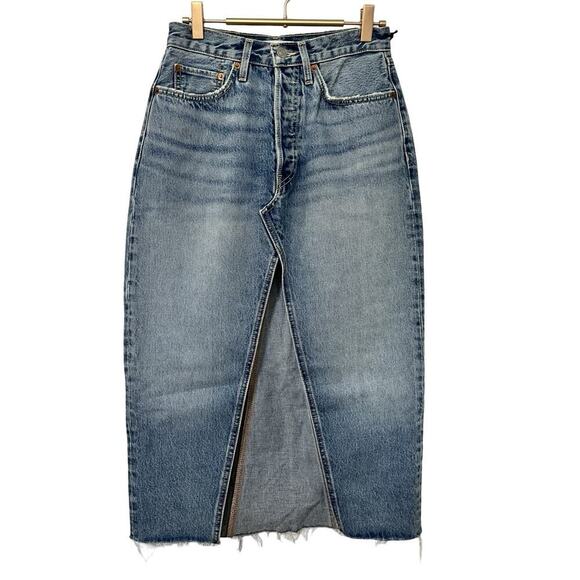 RE/DONE Denim Raw Hem Midi Skirt Size 26 Light Wash Opal Indigo Front Slit NWT - Picture 1 of 9